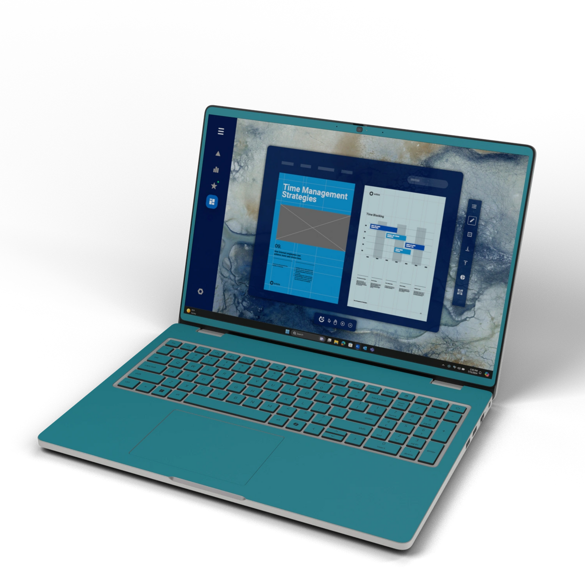 Front three-quarter view of Tropical Teal Hibiscus synthetic leather skin, rendered on Dell Pro 16 (PC16250) as a model reference.