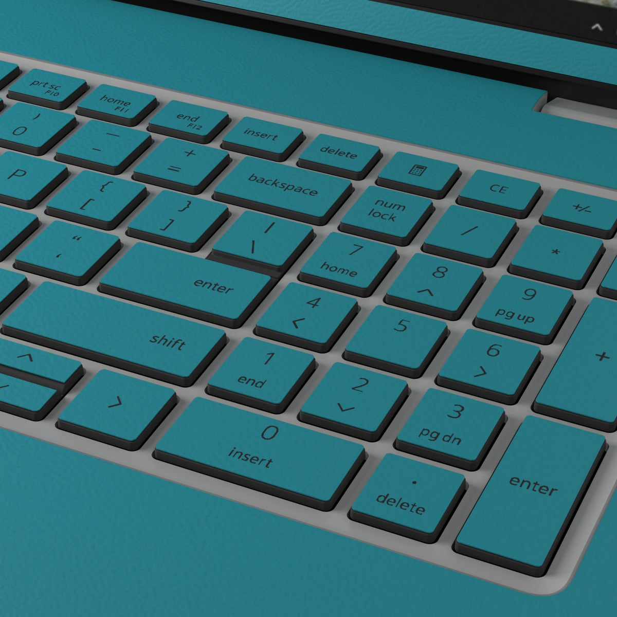 Keycap and leather-texture close-up of Tropical Teal Hibiscus synthetic leather skin, rendered on Dell Pro 16 (PC16250) as a model reference.