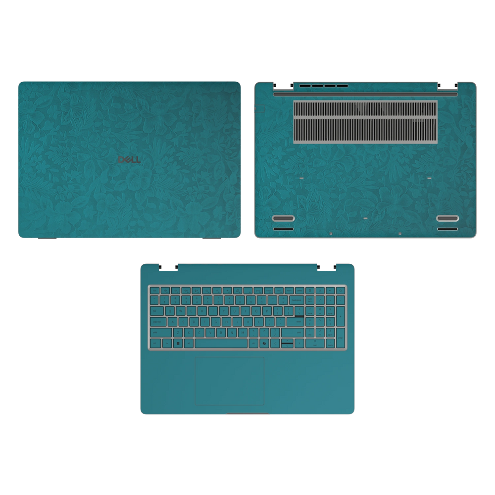 Tropical Teal Hibiscus synthetic leather skin a+c+d coverage layout: top lid, inside and bottom, rendered for Dell Pro 16 (PC16250); exact pieces follow the selected coverage.