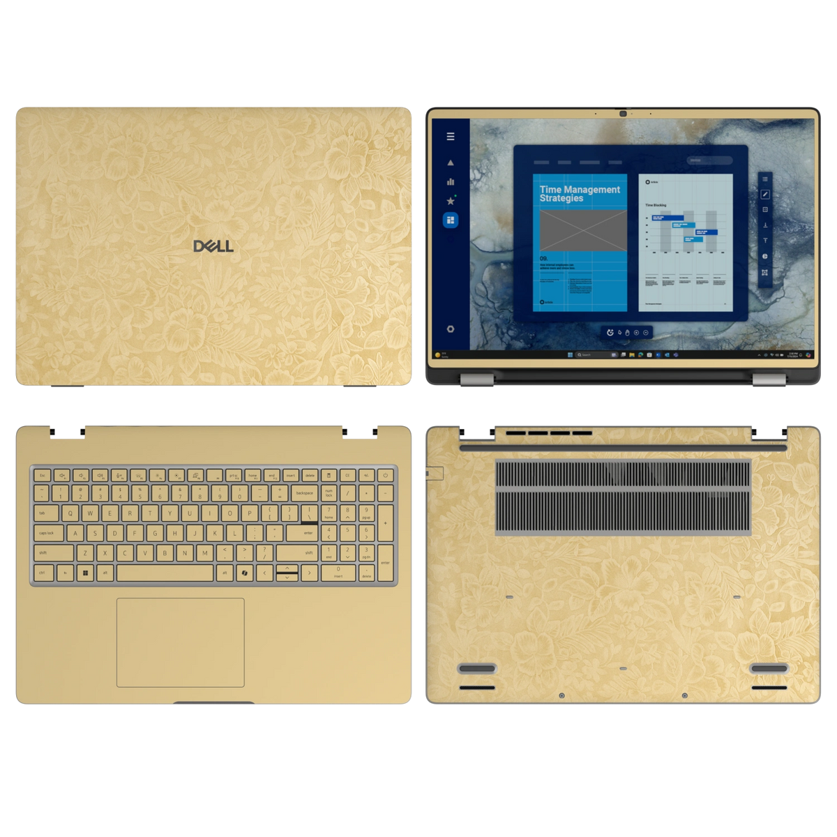 Vintage Gold Hibiscus synthetic leather skin a+b+c+d coverage layout: top lid, screen bezel, inside and bottom, rendered for Dell Pro 16 (PC16250); exact pieces follow the selected coverage.