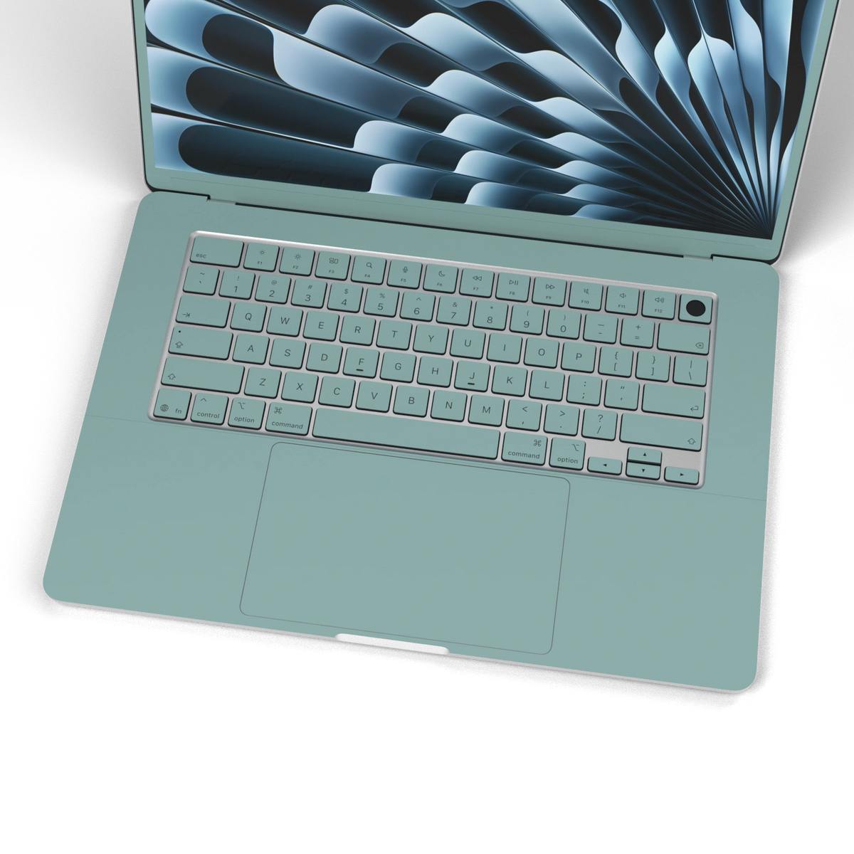 天青竹涛 Hibiscus MacBook skin. Keyboard and inside material illustration. MacBook Air 15.3 M3-M5 render used as a shared material and installation illustration; actual cutouts and included pieces follow the selected model and Coverage. Device not included.