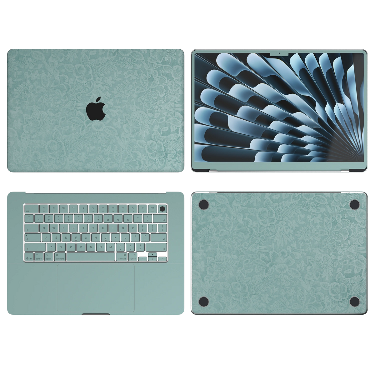 天青竹涛 Hibiscus MacBook skin ABCD coverage diagram. Shared material and installation illustration rendered on MacBook Air 15.3 M3-M5; actual cutouts follow the selected model. A lid, B screen edge, C inside and D bottom; unavailable for Air 13.6/15 M3-M5. Device not included.