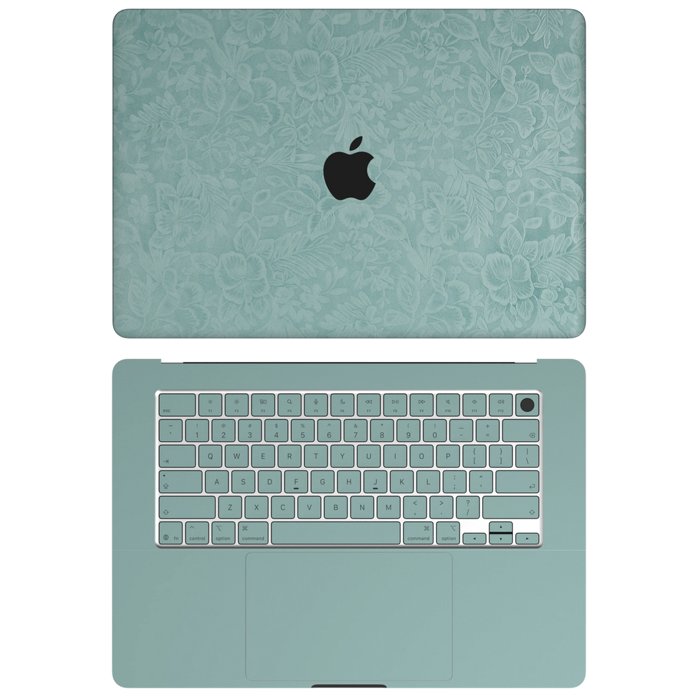 天青竹涛 Hibiscus MacBook skin AC coverage diagram. Shared material and installation illustration rendered on MacBook Air 15.3 M3-M5; actual cutouts follow the selected model. A lid and C inside; no B screen edge or D bottom. Device not included.
