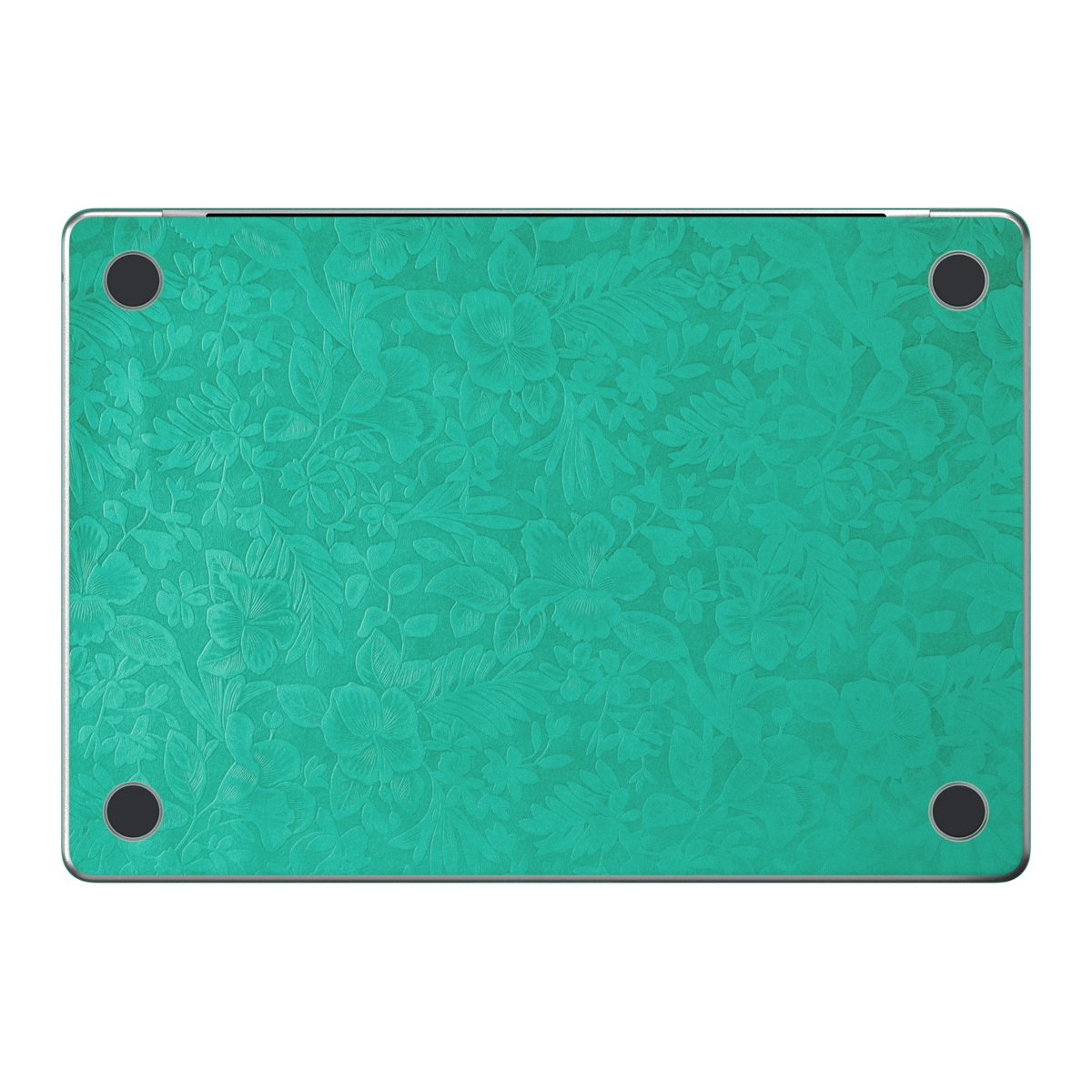 西湖苍兰 Hibiscus MacBook skin. D bottom material and colour illustration. MacBook Air 15.3 M3-M5 render used as a shared material and installation illustration; actual cutouts and included pieces follow the selected model and Coverage. Device not included.