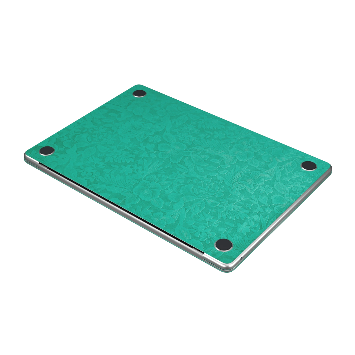 西湖苍兰 Hibiscus MacBook skin. D bottom layout illustration. MacBook Air 15.3 M3-M5 render used as a shared material and installation illustration; actual cutouts and included pieces follow the selected model and Coverage. Device not included.