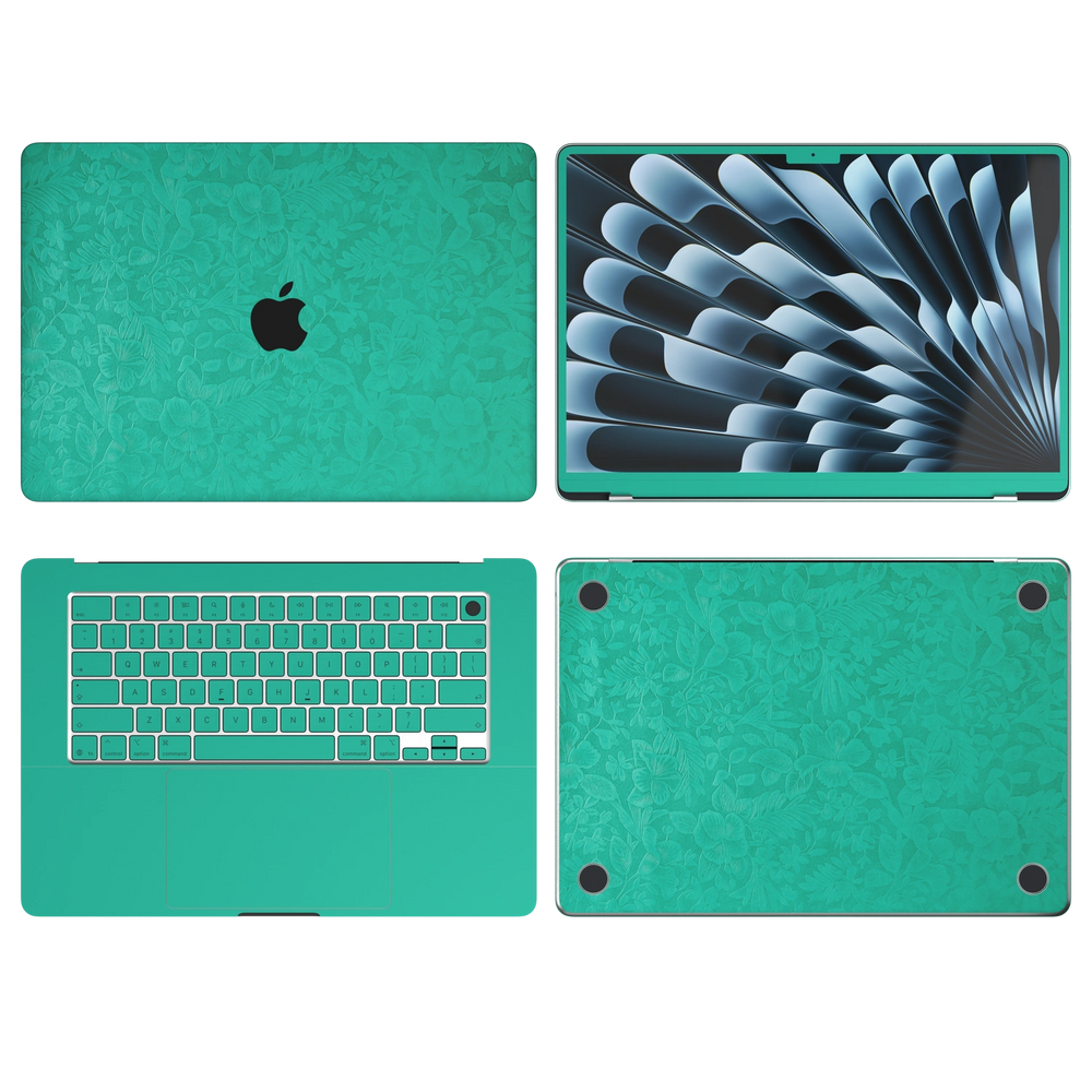 西湖苍兰 Hibiscus MacBook skin ABCD coverage diagram. Shared material and installation illustration rendered on MacBook Air 15.3 M3-M5; actual cutouts follow the selected model. A lid, B screen edge, C inside and D bottom; unavailable for Air 13.6/15 M3-M5. Device not included.