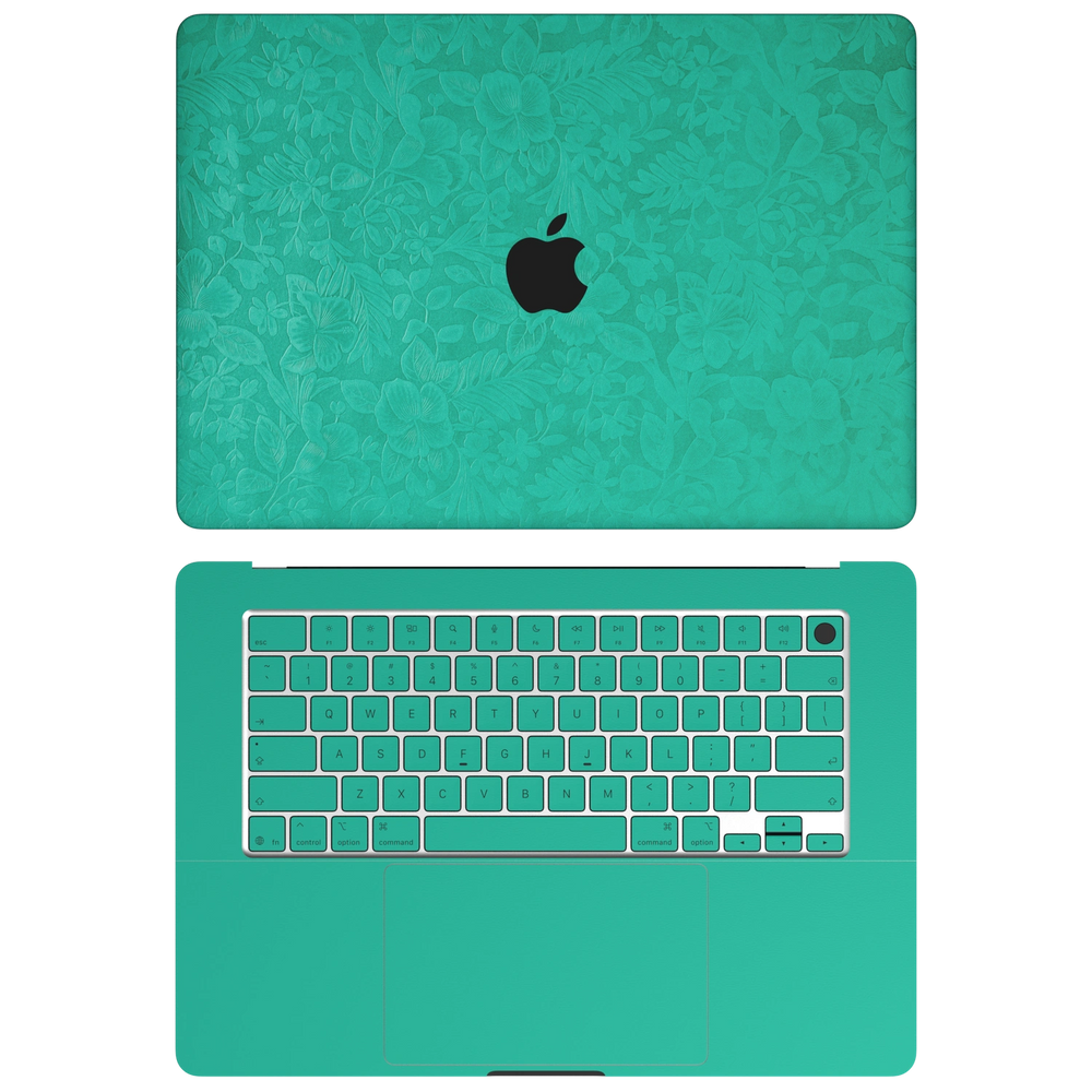 西湖苍兰 Hibiscus MacBook skin AC coverage diagram. Shared material and installation illustration rendered on MacBook Air 15.3 M3-M5; actual cutouts follow the selected model. A lid and C inside; no B screen edge or D bottom. Device not included.
