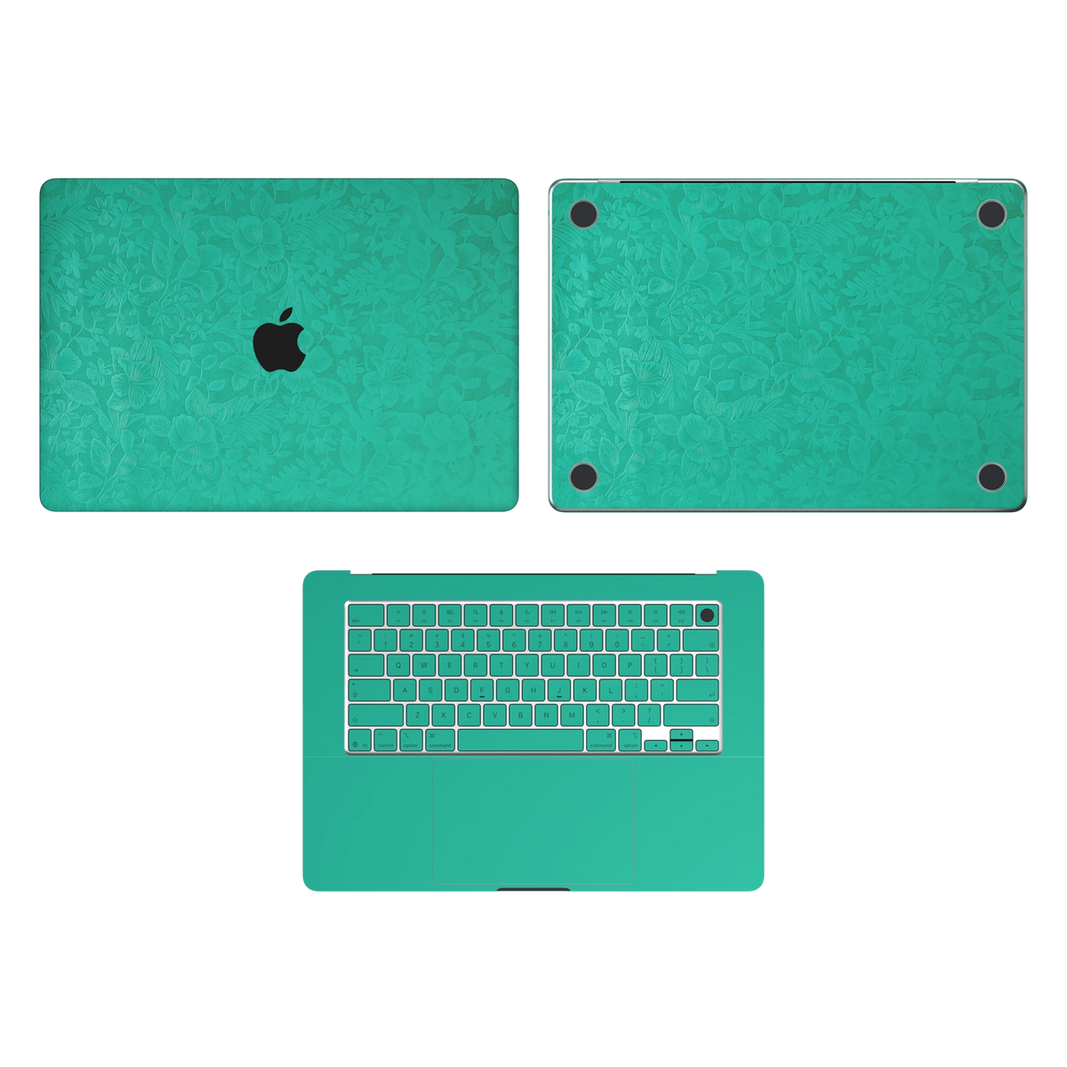 西湖苍兰 Hibiscus MacBook skin ACD coverage diagram. Shared material and installation illustration rendered on MacBook Air 15.3 M3-M5; actual cutouts follow the selected model. A lid, C inside and D bottom; no B screen edge. Device not included.