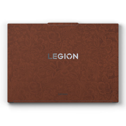 Dwantran Hibiscus Lenovo laptop skin in Classic Brown, showing a top view of the laptop lid on a white background.