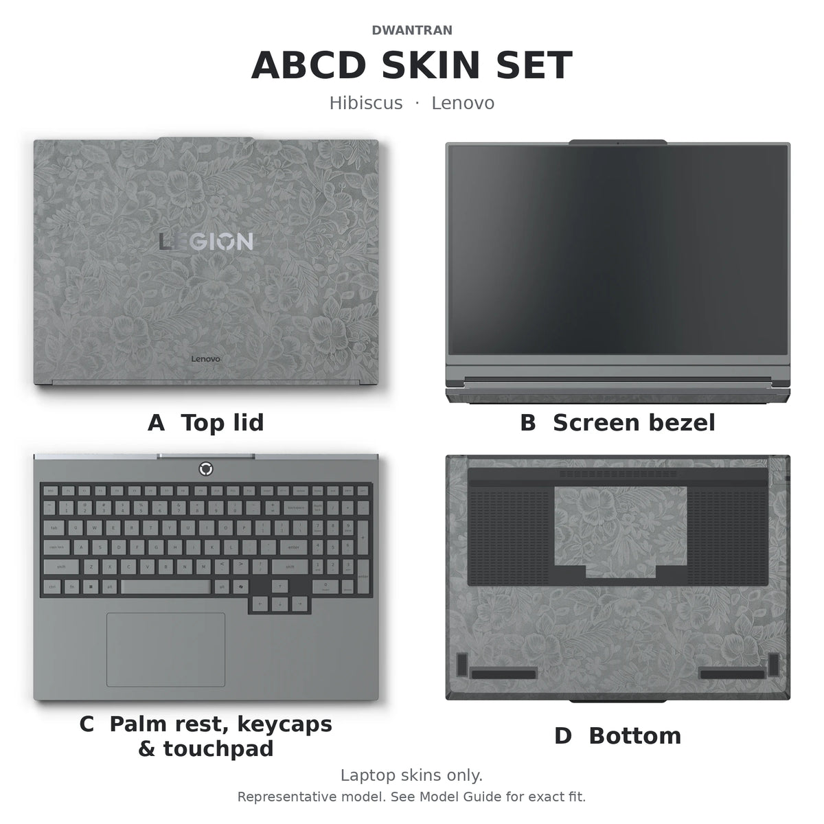 Dwantran Hibiscus Lenovo laptop skin in Classic Gray, showing coverage for the laptop lid, screen bezel, keyboard area, and underside (A+B+C+D) on a white background.
