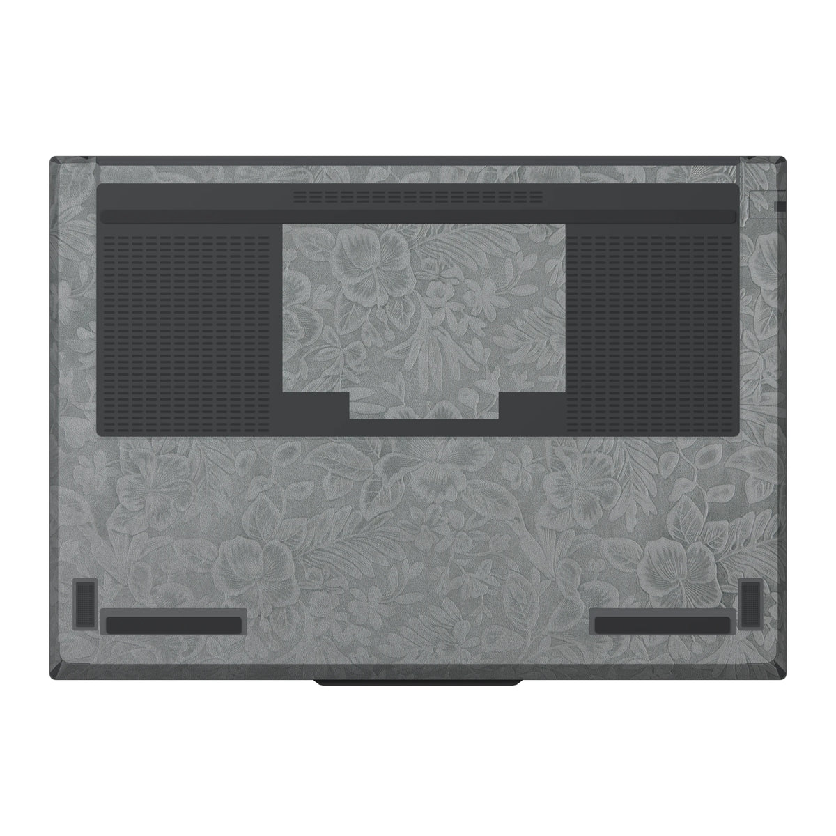 Dwantran Hibiscus Lenovo laptop skin in Classic Gray, showing a bottom view of the laptop on a white background.