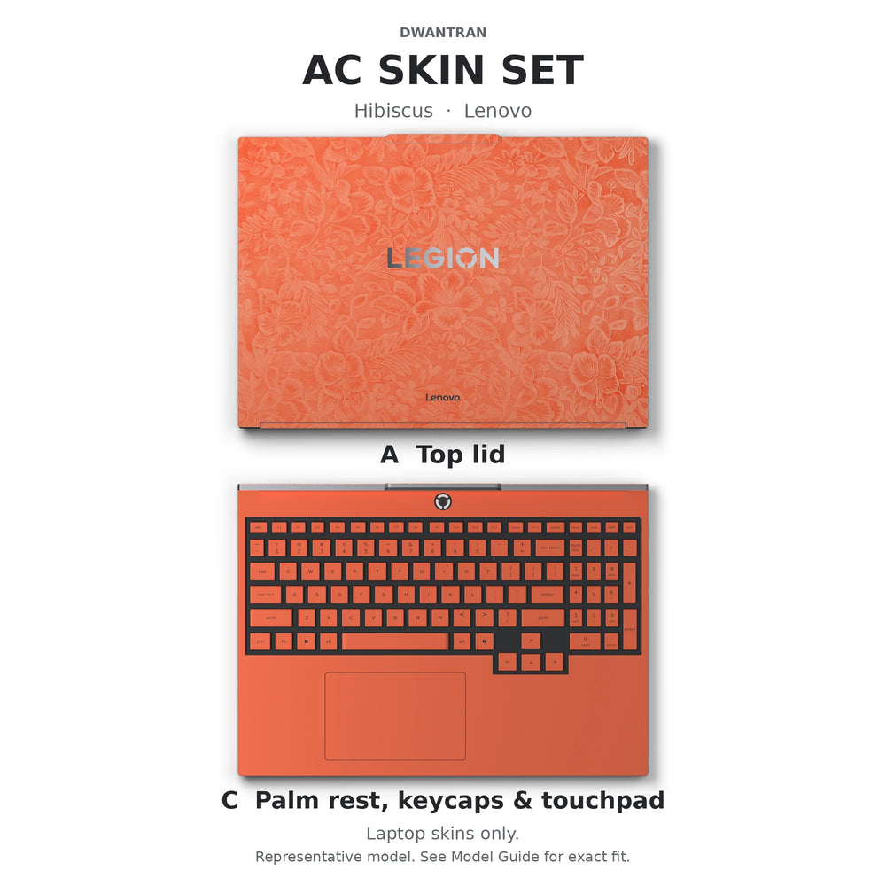 Dwantran Hibiscus Lenovo laptop skin in Sunset Orange, showing coverage for the laptop lid and keyboard area (A+C) on a white background.