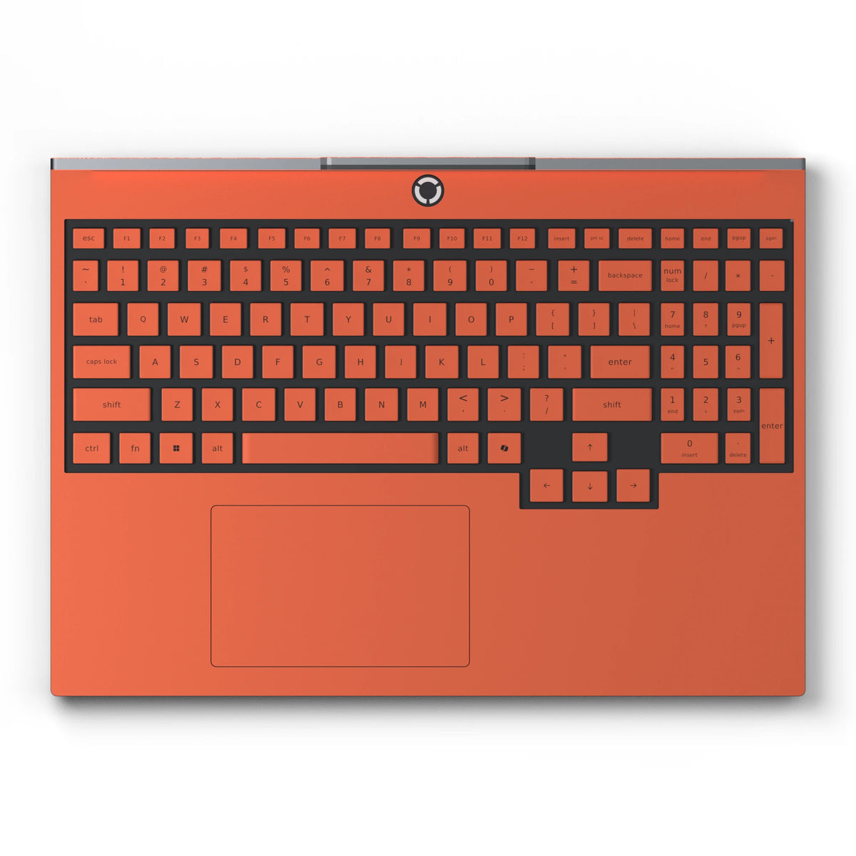 Dwantran Hibiscus Lenovo laptop skin in Sunset Orange, showing a top view of the keyboard area on a white background.