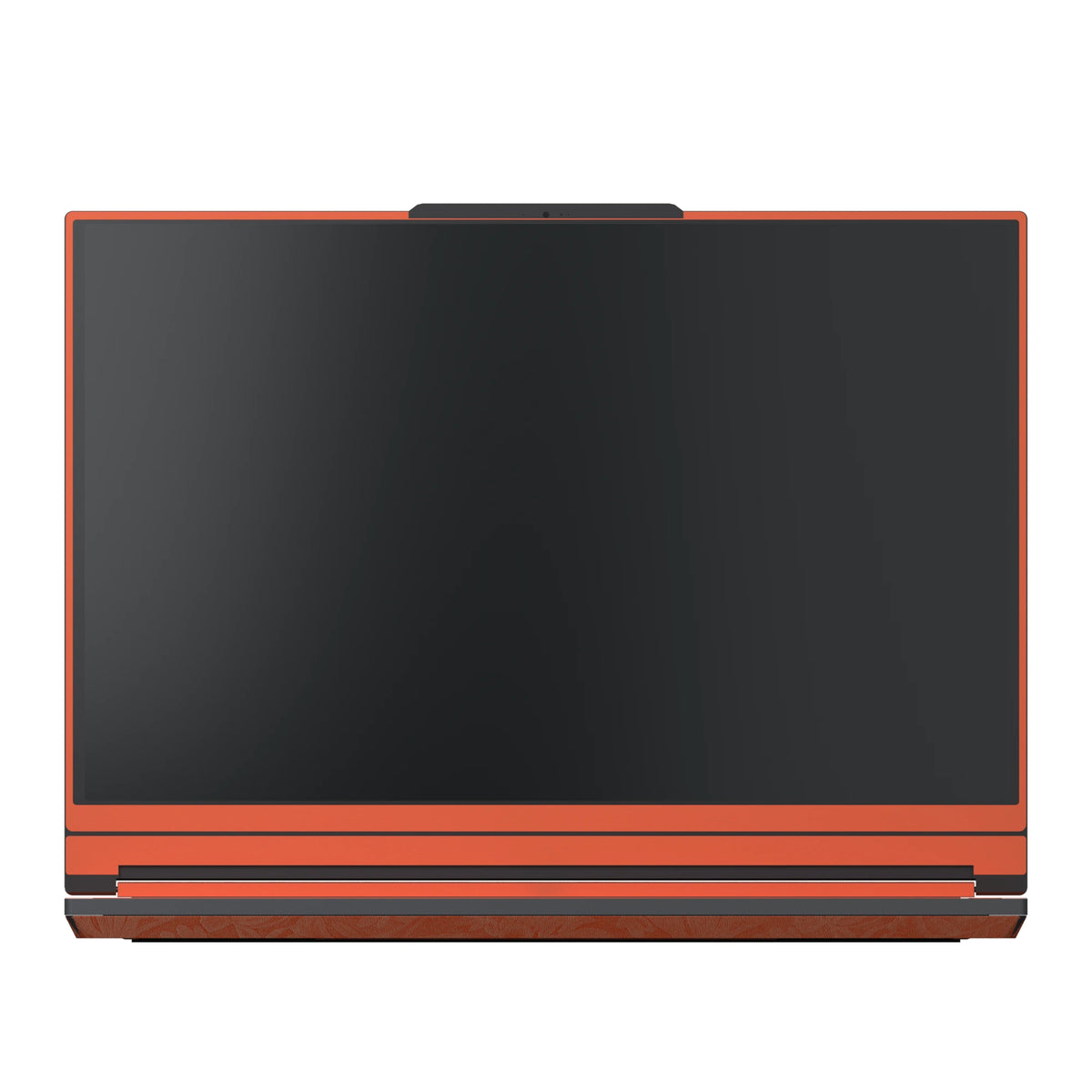 Dwantran Hibiscus Lenovo laptop skin in Sunset Orange, showing a front view of the screen bezel on a white background.
