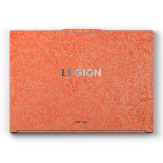 Dwantran Hibiscus Lenovo laptop skin in Sunset Orange, showing a top view of the laptop lid on a white background.