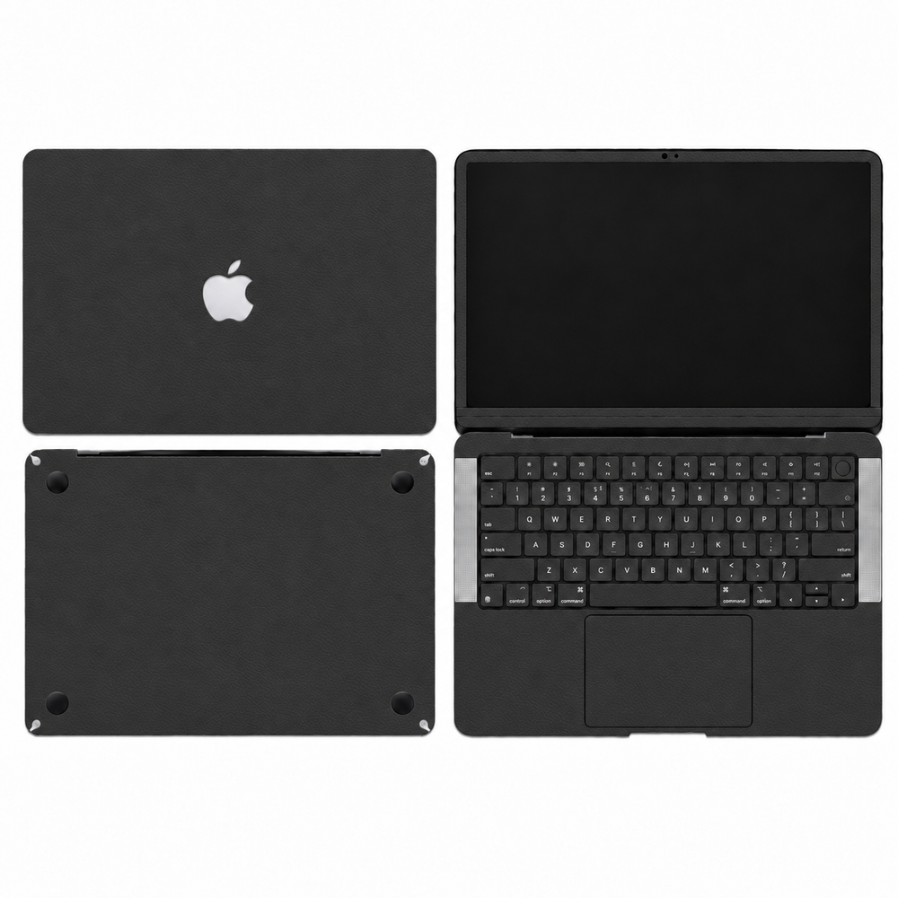Black plain-colour MacBook skin coverage illustration: top lid, inside, keycap stickers, bottom and screen edge. Cut layout varies by model.