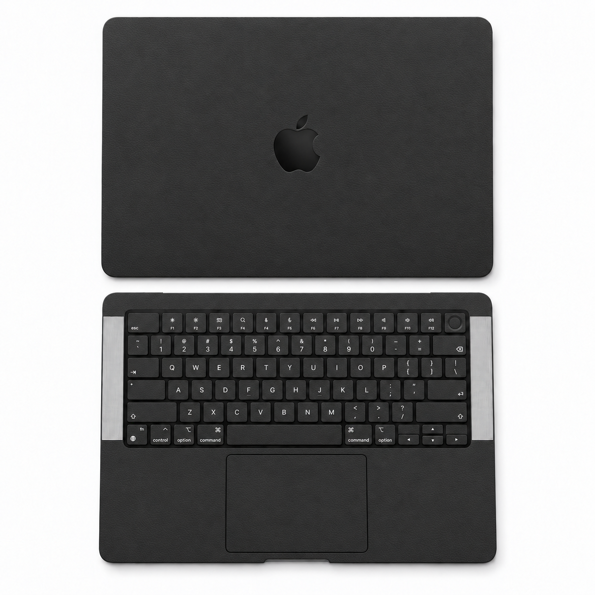 Black plain-colour MacBook skin coverage illustration: top lid, inside and keycap stickers. Cut layout varies by model.