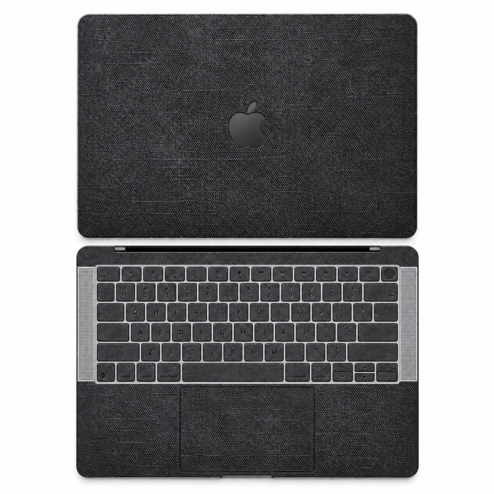 Black cotton denim fabric MacBook skin coverage illustration: top lid and inside, with matching keycap stickers.