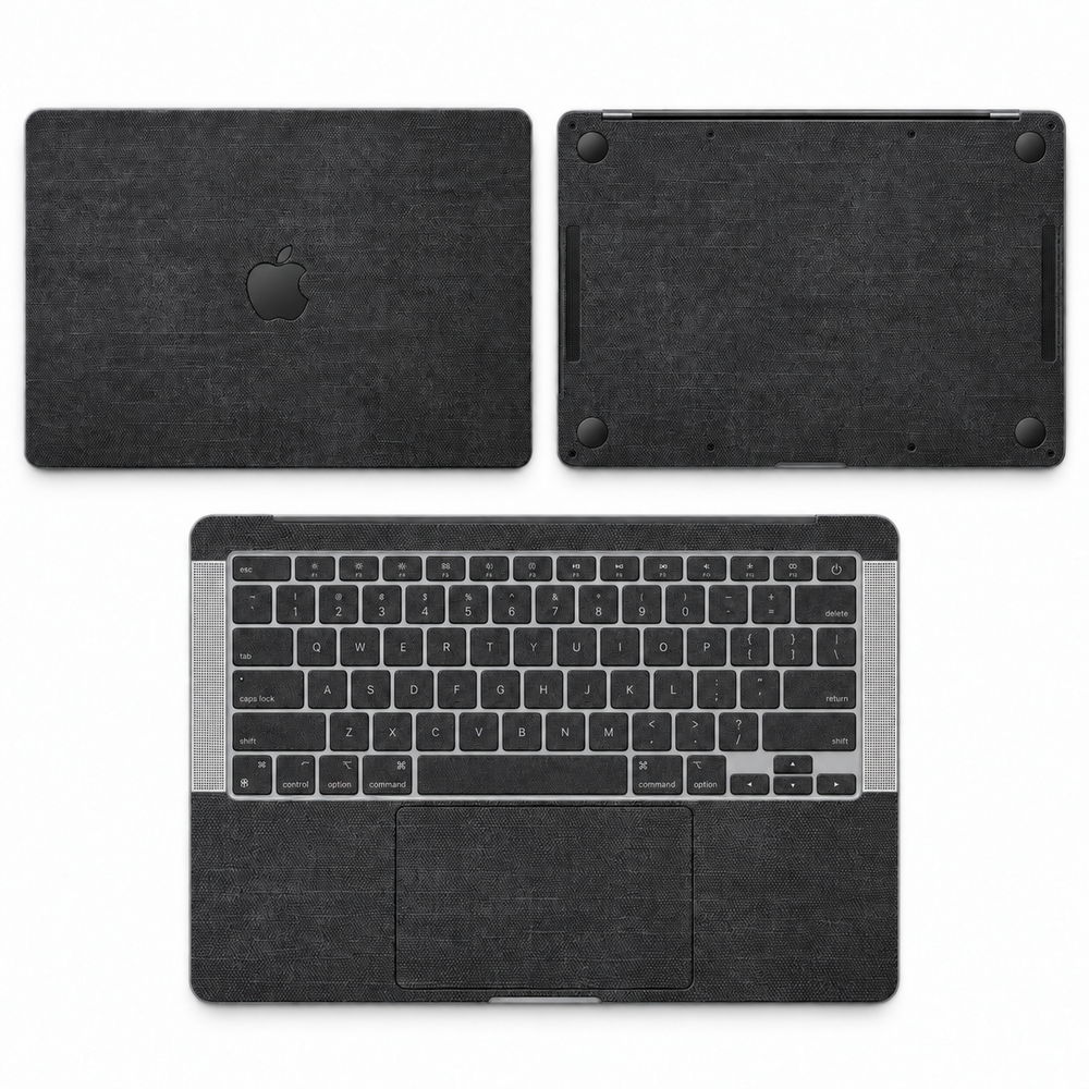 Black cotton denim fabric MacBook skin coverage illustration: top lid, inside and bottom, with matching keycap stickers.