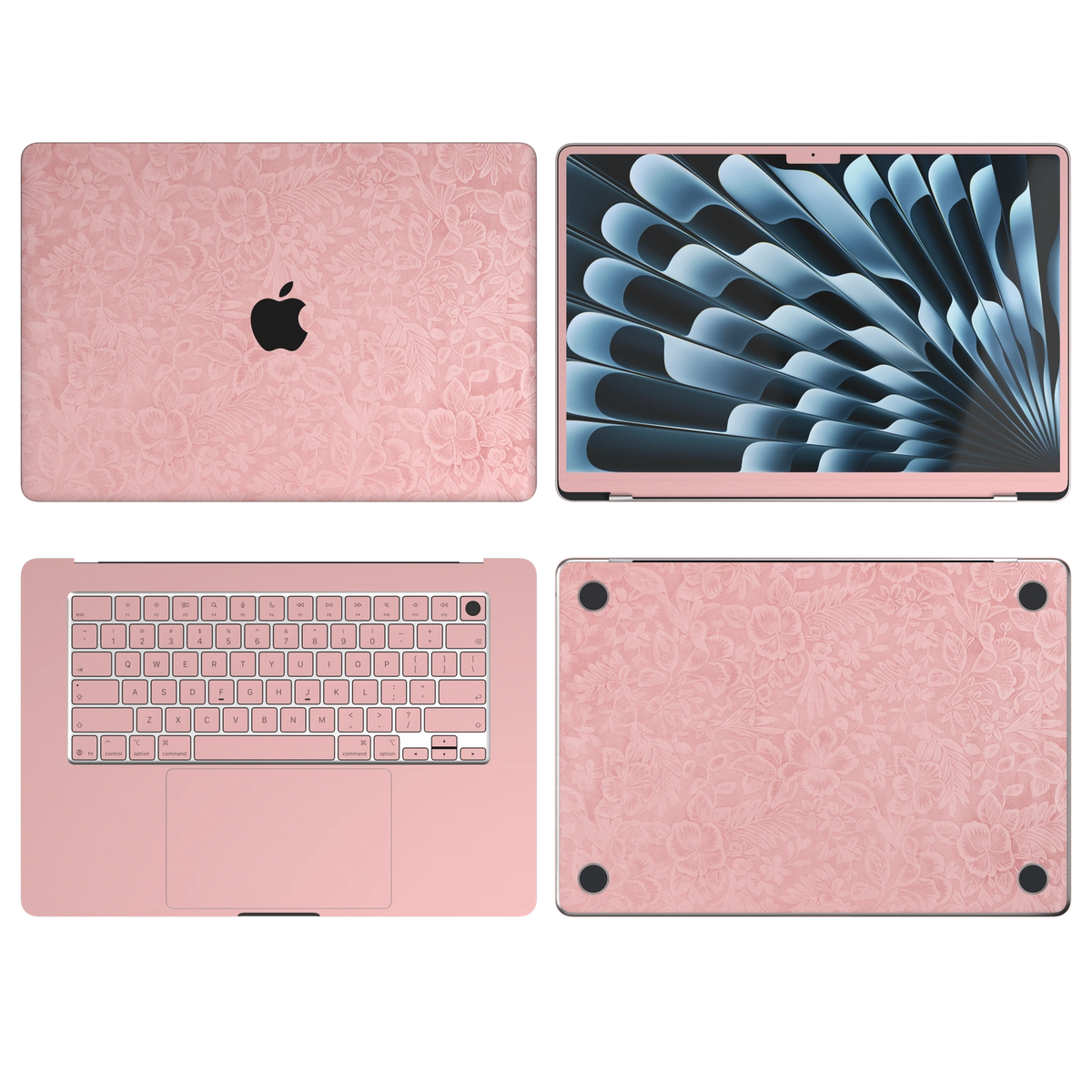 Blush Pink Hibiscus. ABCD package reference with illustrative B screen edge; display availability follows selected model and coverage. Rendered on MacBook Air 15.3-inch M3–M5; actual cutouts and supplied pieces follow the selected MacBook model and coverage.