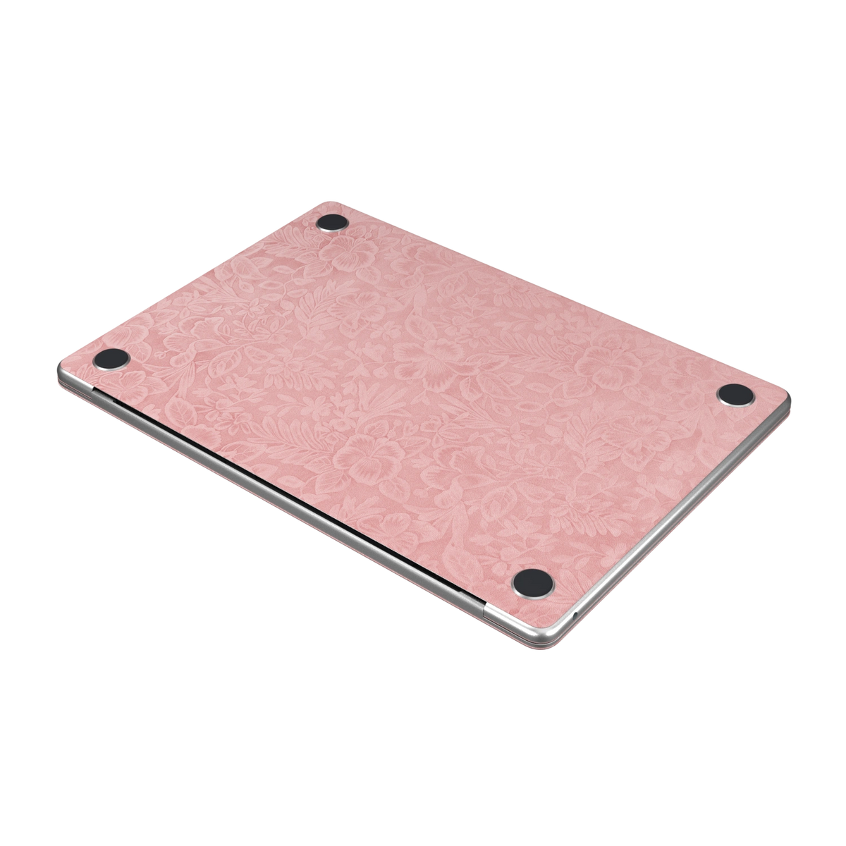 Blush Pink Hibiscus. Bottom-panel material detail illustration. Rendered on MacBook Air 15.3-inch M3–M5; actual cutouts and supplied pieces follow the selected MacBook model and coverage.