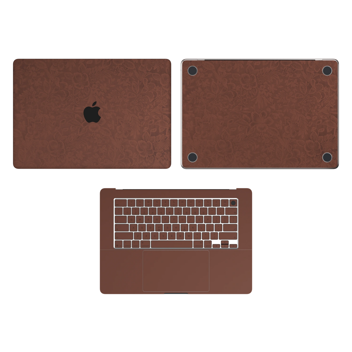 Classic Brown Hibiscus synthetic leather: Top Inside & Bottom Wraps coverage guide: embossed top lid (A) and bottom (D), plain inside (C) and keycap stickers. No screen-edge (B) pieces. Rendered on Air 15.3-inch M3-M5 as shared Air/Pro/Neo material reference; exact cutouts follow selected model.