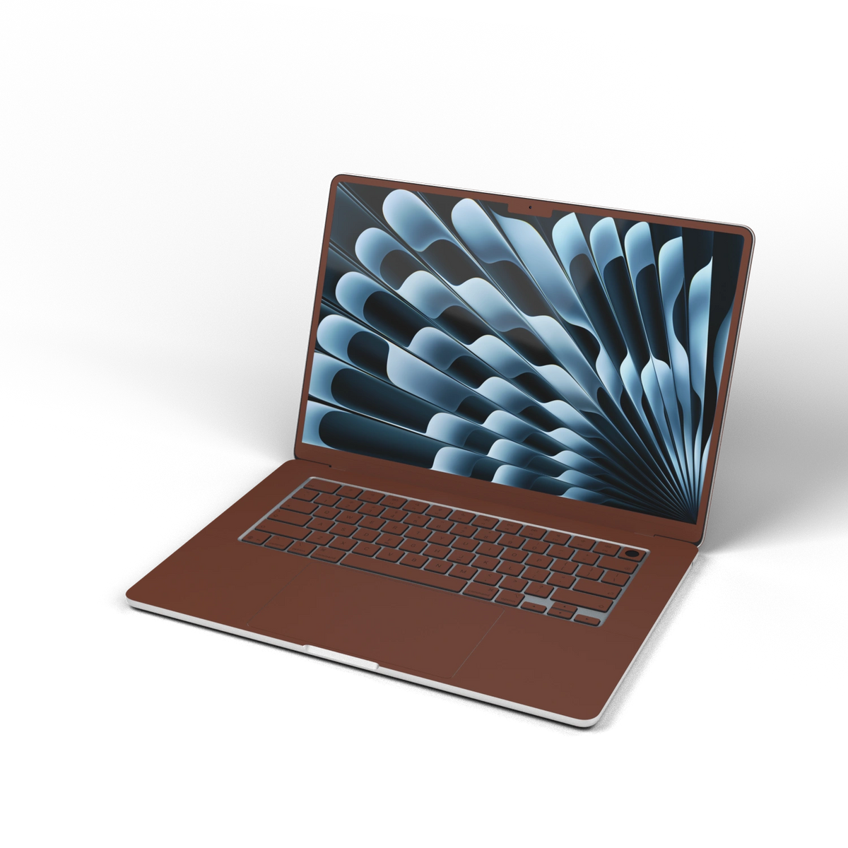 Classic Brown Hibiscus synthetic leather: Front installation-effect illustration. Screen-edge (B) is a material reference; availability depends on selected model and coverage. Rendered on Air 15.3-inch M3-M5 as shared Air/Pro/Neo material reference; exact cutouts follow selected model.