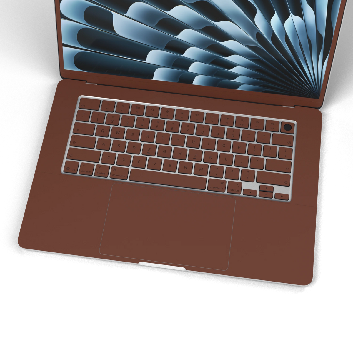 Classic Brown Hibiscus synthetic leather: Inside keyboard and keycap material detail. Rendered on Air 15.3-inch M3-M5 as shared Air/Pro/Neo material reference; exact cutouts follow selected model.