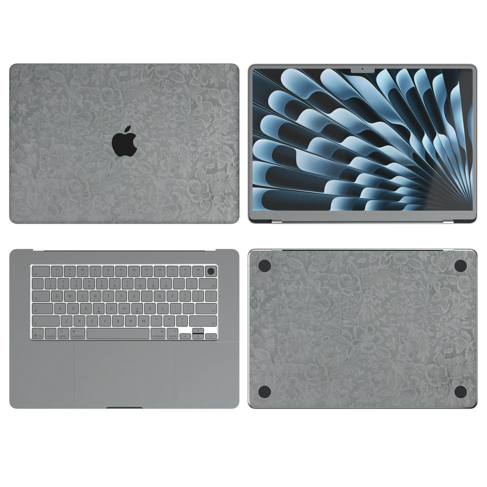 Classic Gray Hibiscus synthetic leather: Top Inside Bottom & Screen edge coverage illustration (A+B+C+D). The Air 13.6/15 M3-M5 ABCD variants remain unavailable. Rendered on Air 15.3-inch M3-M5 as shared Air/Pro/Neo material reference; exact cutouts follow selected model.