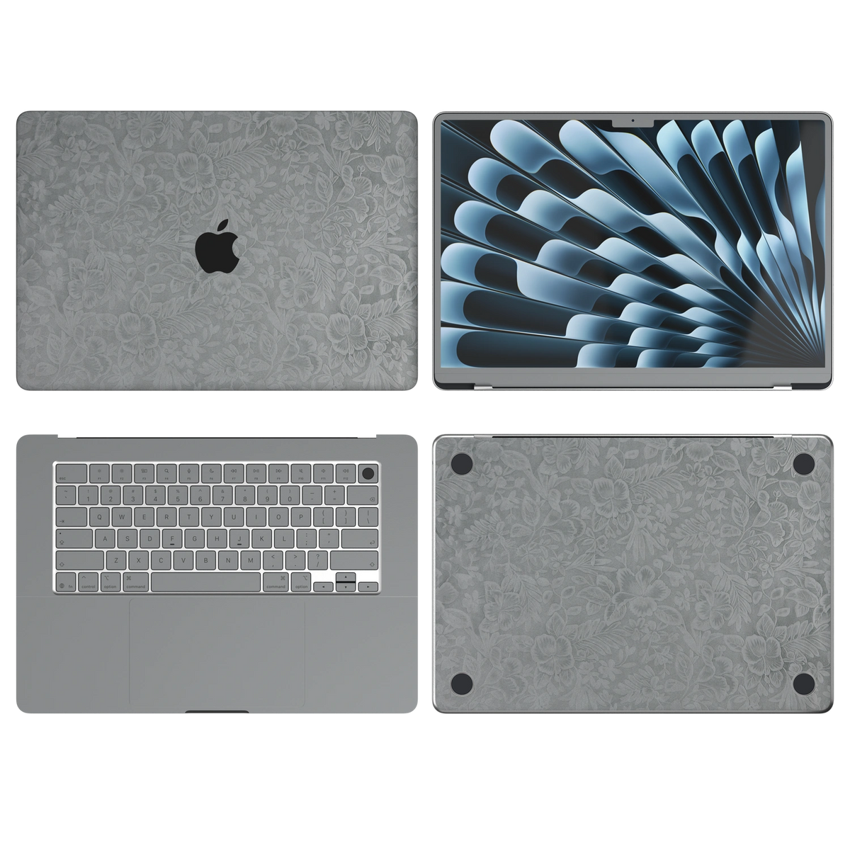 Classic Gray Hibiscus synthetic leather: Top Inside Bottom & Screen edge coverage illustration (A+B+C+D). The Air 13.6/15 M3-M5 ABCD variants remain unavailable. Rendered on Air 15.3-inch M3-M5 as shared Air/Pro/Neo material reference; exact cutouts follow selected model.