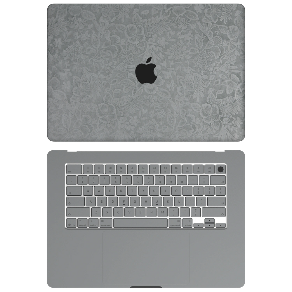 Classic Gray Hibiscus synthetic leather: Top+Inside coverage guide: embossed top lid (A), plain inside (C) and keycap stickers. No bottom (D) or screen-edge (B) pieces. Rendered on Air 15.3-inch M3-M5 as shared Air/Pro/Neo material reference; exact cutouts follow selected model.
