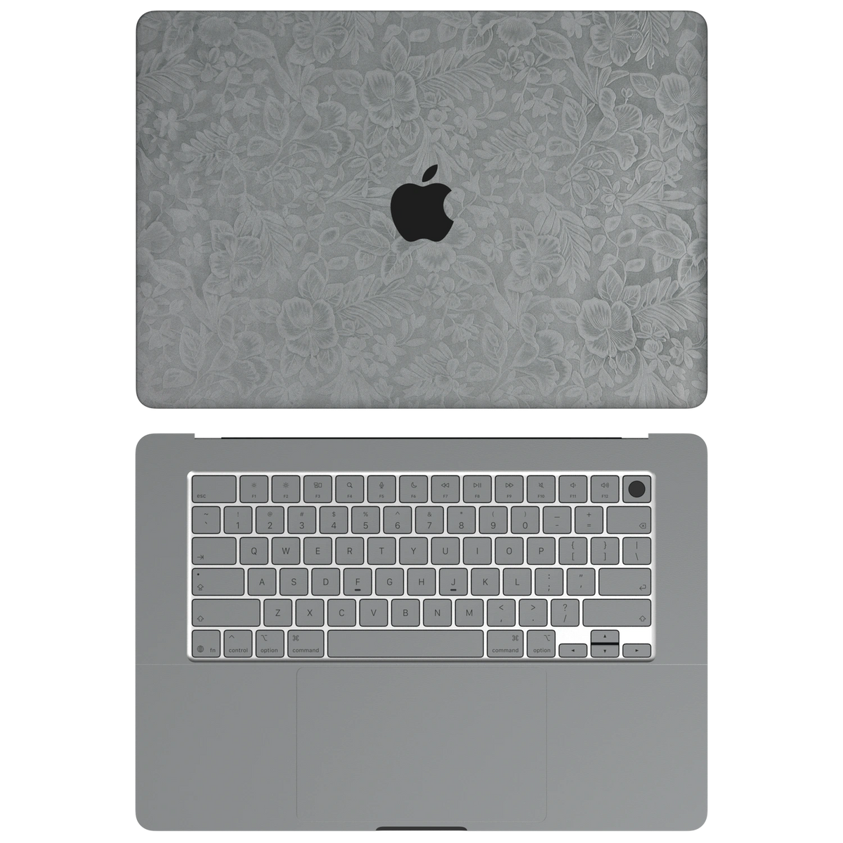 Classic Gray Hibiscus synthetic leather: Top+Inside coverage guide: embossed top lid (A), plain inside (C) and keycap stickers. No bottom (D) or screen-edge (B) pieces. Rendered on Air 15.3-inch M3-M5 as shared Air/Pro/Neo material reference; exact cutouts follow selected model.