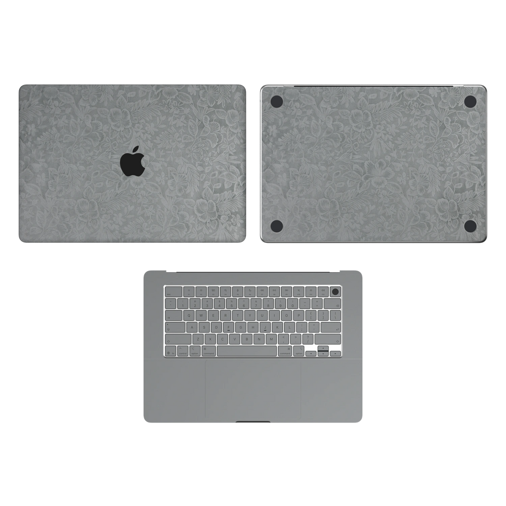 Classic Gray Hibiscus synthetic leather: Top Inside & Bottom Wraps coverage guide: embossed top lid (A) and bottom (D), plain inside (C) and keycap stickers. No screen-edge (B) pieces. Rendered on Air 15.3-inch M3-M5 as shared Air/Pro/Neo material reference; exact cutouts follow selected model.