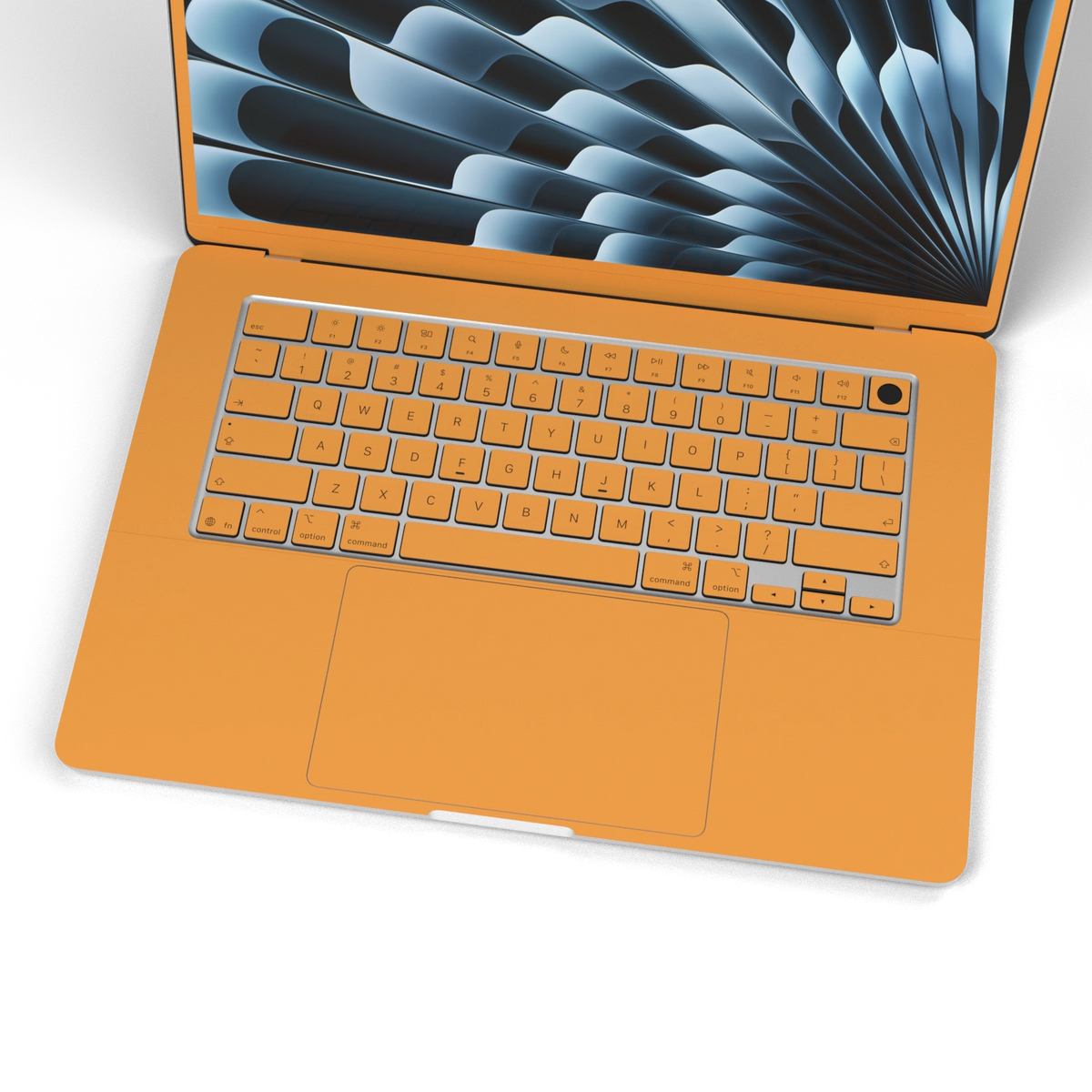 Sunny Yellow Hibiscus synthetic leather: Inside keyboard and keycap material detail. Rendered on MacBook Air 15.3-inch M3-M5; exact cutouts follow the selected model.