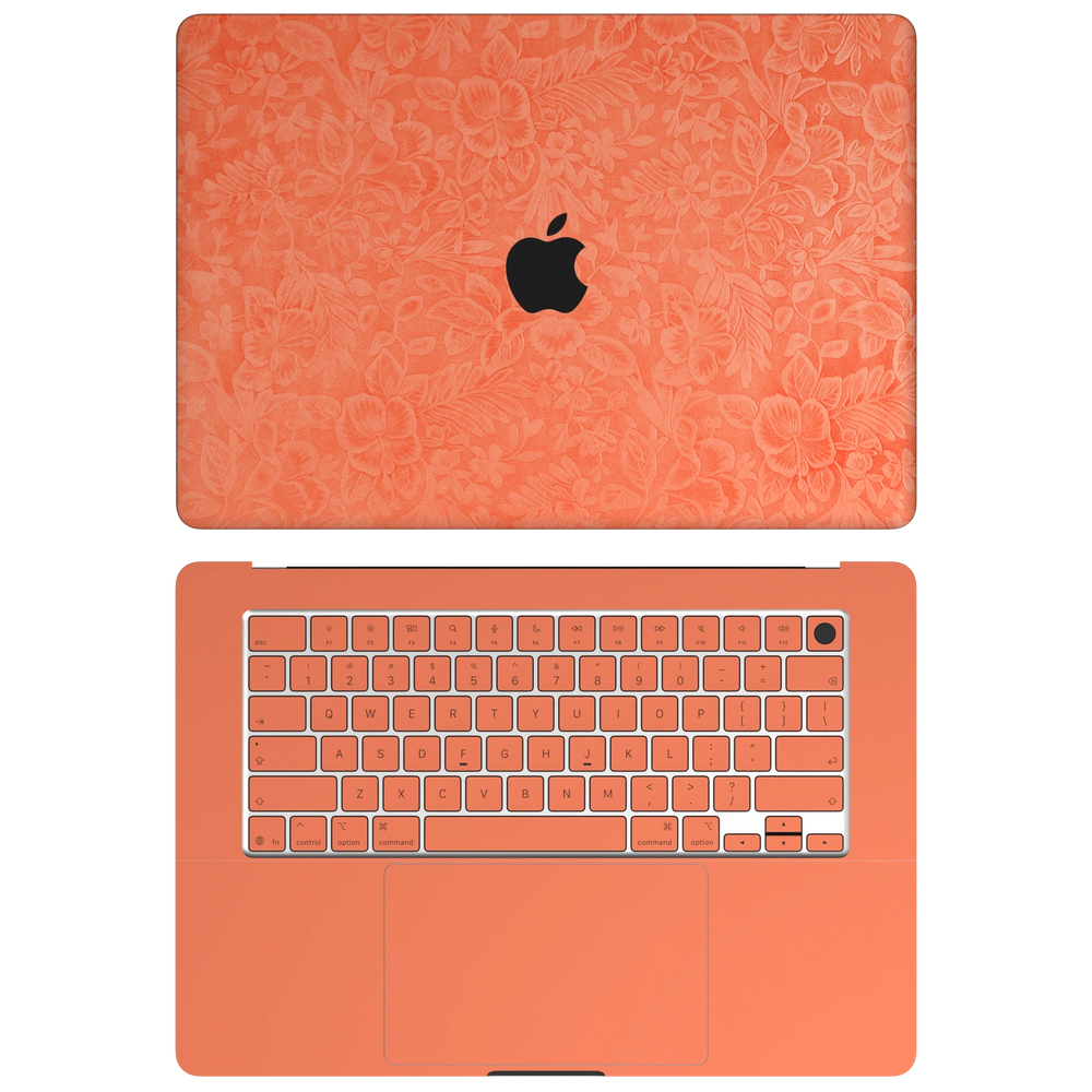 Sunset Orange Hibiscus synthetic leather: Top+Inside coverage guide: embossed top lid (A), plain inside (C) and keycap stickers. No bottom (D) or screen-edge (B) pieces. Rendered on Air15.3 M3-M5 as a shared material reference for Air, Pro and Neo; actual cutouts follow the selected model.