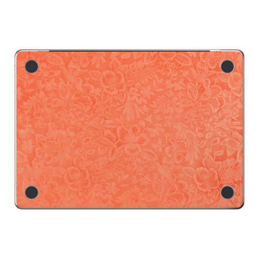 Sunset Orange Hibiscus synthetic leather: Bottom (D) material illustration. Bottom pieces are included only in coverage options that include bottom. Rendered on Air15.3 M3-M5 as a shared material reference for Air, Pro and Neo; actual cutouts follow the selected model.