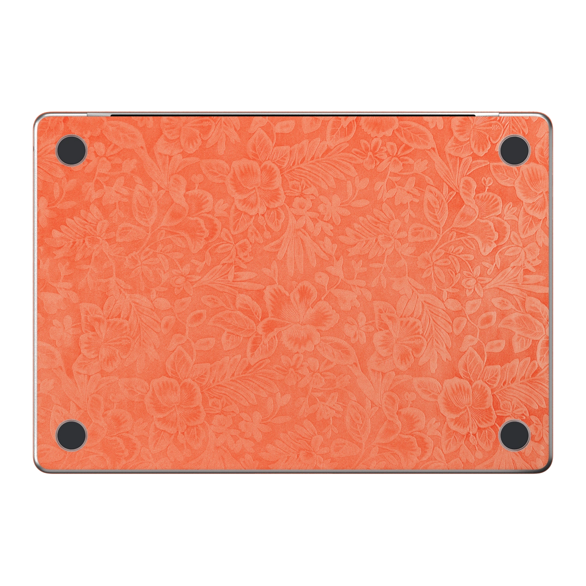 Sunset Orange Hibiscus synthetic leather: Bottom (D) material illustration. Bottom pieces are included only in coverage options that include bottom. Rendered on Air15.3 M3-M5 as a shared material reference for Air, Pro and Neo; actual cutouts follow the selected model.