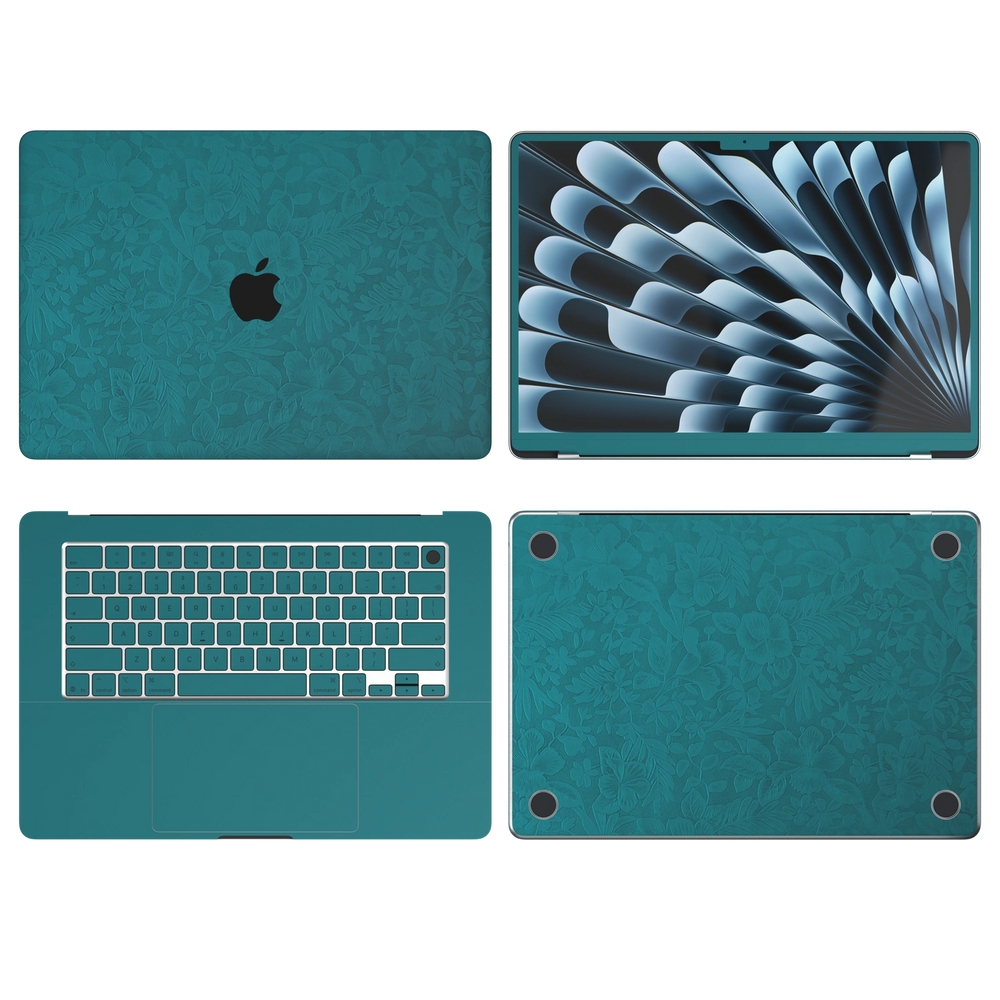 Tropical Teal Hibiscus synthetic leather: Top Inside Bottom & Screen edge coverage illustration (A+B+C+D). Air13.6/15 M3-M5 ABCD remains unavailable; other models follow their selected coverage. Rendered on Air15.3 M3-M5 as a shared material reference for Air, Pro and Neo; actual cutouts follow the selected model.