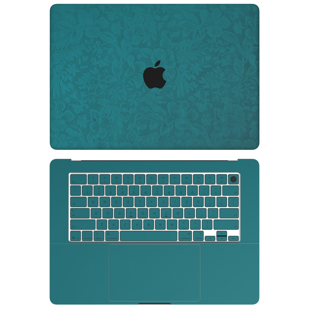 Tropical Teal Hibiscus synthetic leather: Top+Inside coverage guide: embossed top lid (A), plain inside (C) and keycap stickers. No bottom (D) or screen-edge (B) pieces. Rendered on Air15.3 M3-M5 as a shared material reference for Air, Pro and Neo; actual cutouts follow the selected model.