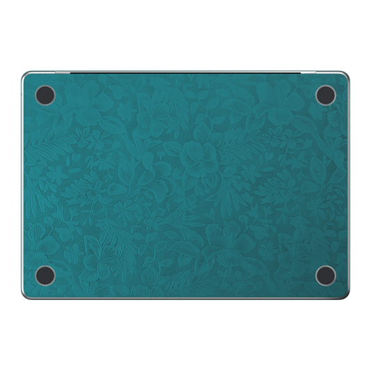 Tropical Teal Hibiscus synthetic leather: Bottom (D) material illustration. Bottom pieces are included only in coverage options that include bottom. Rendered on Air15.3 M3-M5 as a shared material reference for Air, Pro and Neo; actual cutouts follow the selected model.