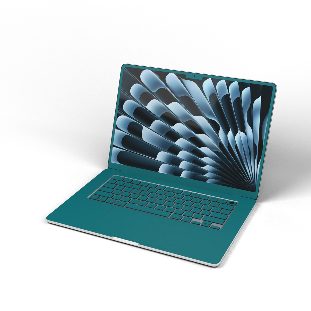 Tropical Teal Hibiscus synthetic leather: Front installation-effect illustration. Screen-edge (B) shown for material reference; availability depends on selected model and coverage. Rendered on Air15.3 M3-M5 as a shared material reference for Air, Pro and Neo; actual cutouts follow the selected model.