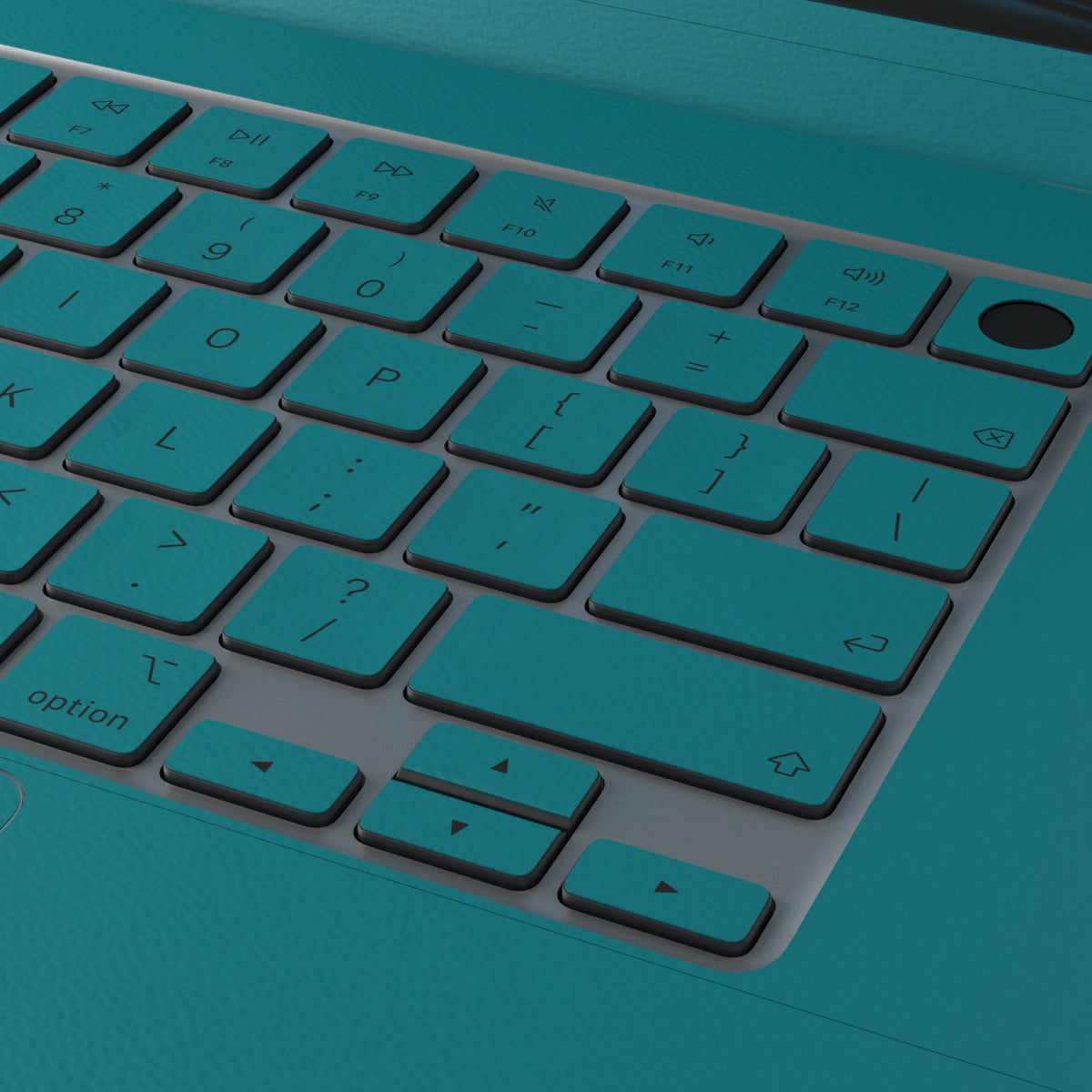 Tropical Teal Hibiscus synthetic leather: Full-frame synthetic leather texture and material close-up. Rendered on Air15.3 M3-M5 as a shared material reference for Air, Pro and Neo; actual cutouts follow the selected model.