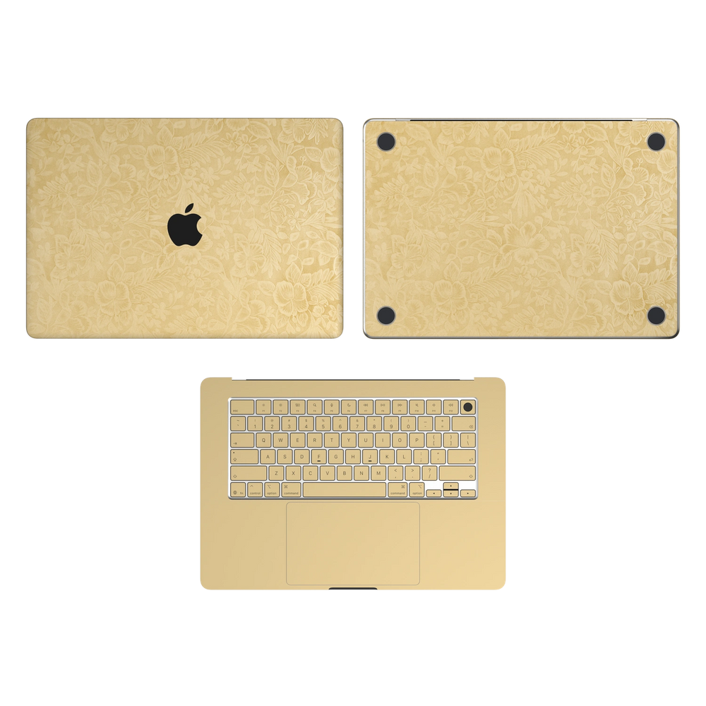 Vintage Gold Hibiscus synthetic leather: Top Inside & Bottom Wraps coverage guide: embossed top lid (A) and bottom (D), plain inside (C) and keycap stickers. No screen-edge (B) pieces. Rendered on Air 15.3-inch M3-M5 as shared Air/Pro/Neo material reference; exact cutouts follow selected model.