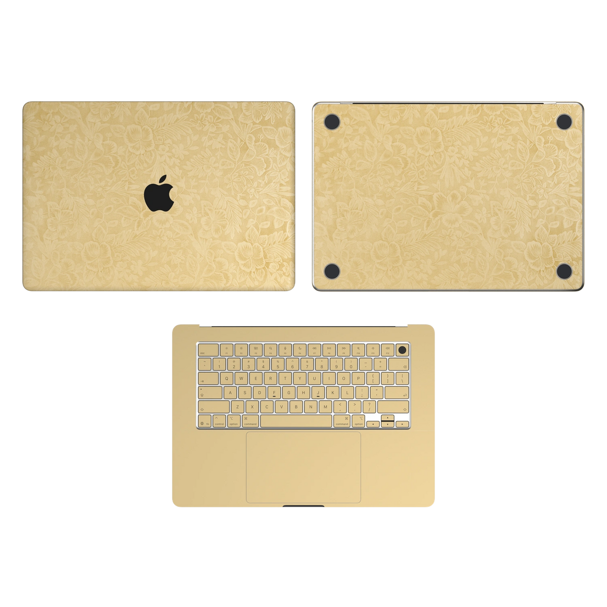 Vintage Gold Hibiscus synthetic leather: Top Inside & Bottom Wraps coverage guide: embossed top lid (A) and bottom (D), plain inside (C) and keycap stickers. No screen-edge (B) pieces. Rendered on Air 15.3-inch M3-M5 as shared Air/Pro/Neo material reference; exact cutouts follow selected model.