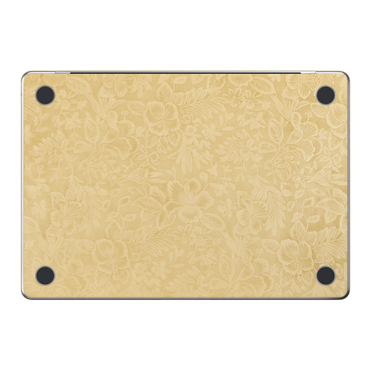 Vintage Gold Hibiscus synthetic leather: Bottom (D) material illustration; bottom pieces are included only with bottom coverage. Rendered on Air 15.3-inch M3-M5 as shared Air/Pro/Neo material reference; exact cutouts follow selected model.