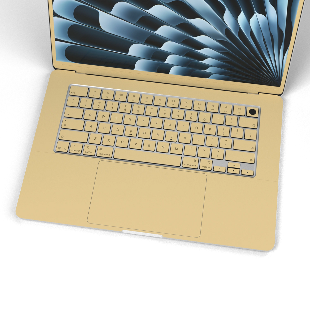 Vintage Gold Hibiscus synthetic leather: Inside keyboard and keycap material detail. Rendered on Air 15.3-inch M3-M5 as shared Air/Pro/Neo material reference; exact cutouts follow selected model.