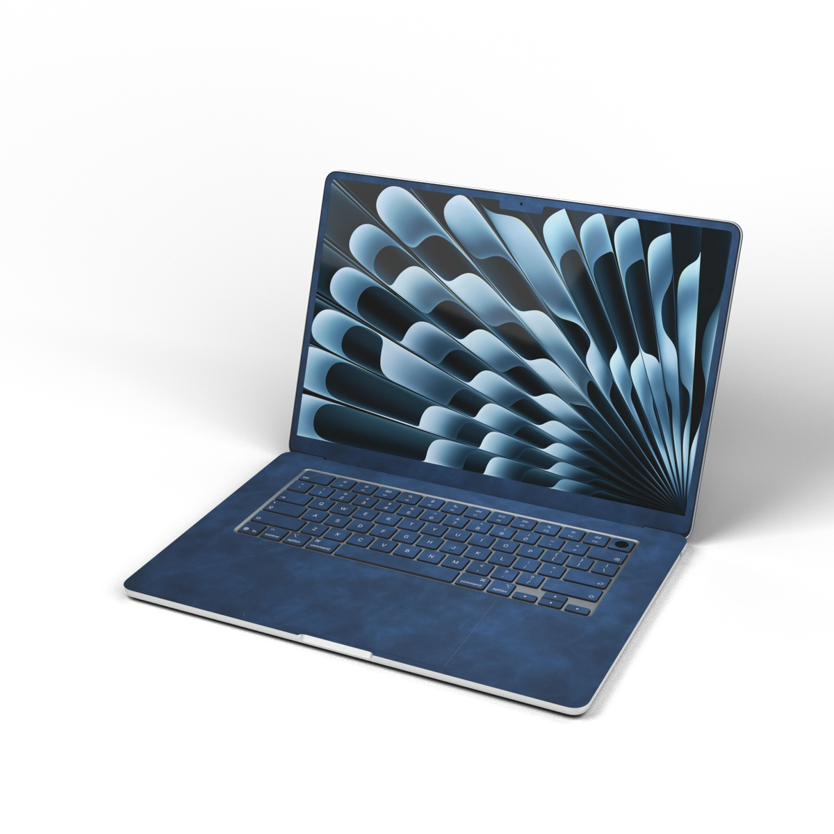 Dark Gray Blue scrub-textured synthetic leather MacBook skin. Open front material illustration. Air 15.3 M3-M5 shared material/installation reference; exact cutouts and included pieces follow selected model and coverage. Laptop not included.