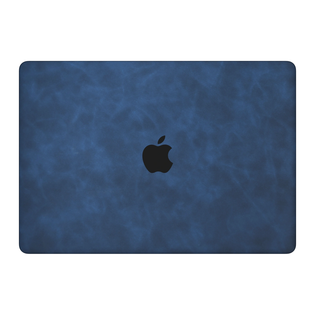 Dark Gray Blue scrub-textured synthetic leather MacBook skin. Top lid (A) material illustration. Air 15.3 M3-M5 shared material/installation reference; exact cutouts and included pieces follow selected model and coverage. Laptop not included.