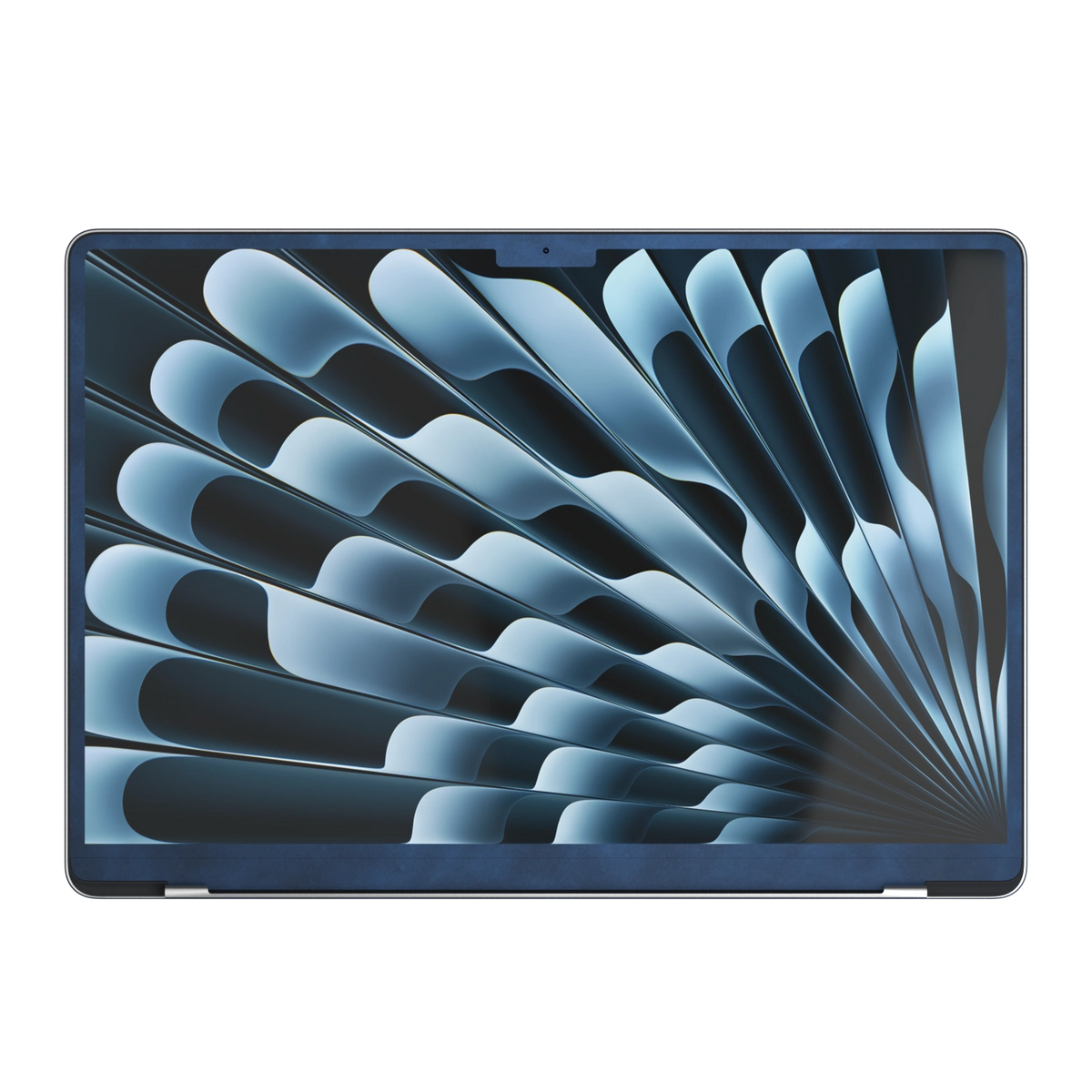Dark Gray Blue scrub-textured synthetic leather MacBook skin. Screen edge (B) material illustration, only included where selected coverage/model supports it. Air 15.3 M3-M5 shared material/installation reference; exact cutouts and included pieces follow selected model and coverage. Laptop not included.