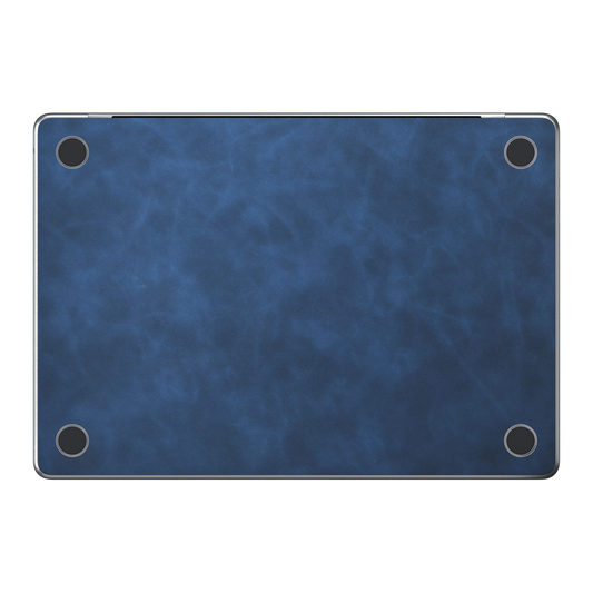 Dark Gray Blue scrub-textured synthetic leather MacBook skin. Bottom (D) material illustration; included only with bottom coverage. Air 15.3 M3-M5 shared material/installation reference; exact cutouts and included pieces follow selected model and coverage. Laptop not included.